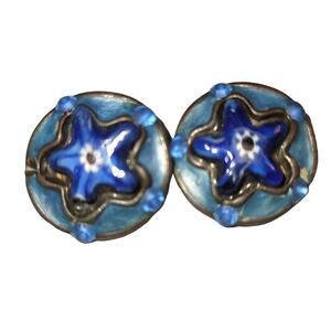 Vintage Taratata Silver Round Enamelware Raised Blue Star Paris clipon earrings